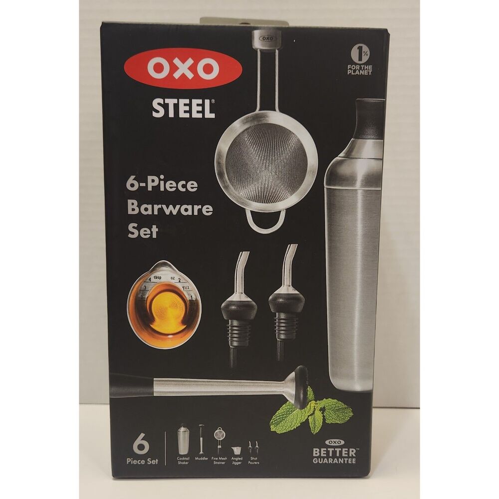 OXO Steel 6-Piece Barware Set Stainless Steel Cocktail Shaker Cocktail Kit New